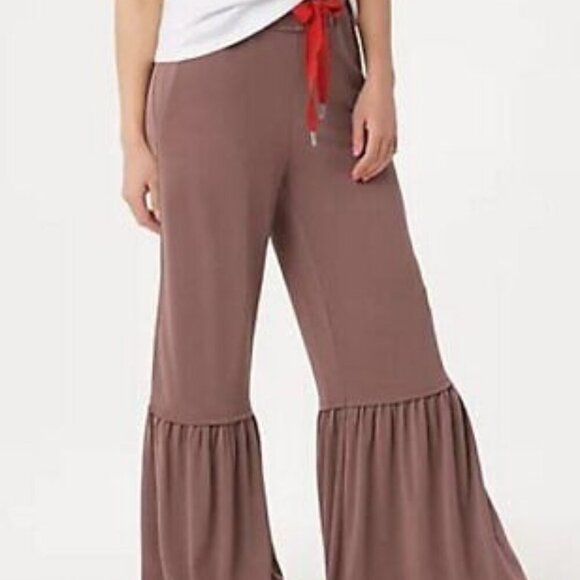 Peace Love World Pants - Peace Love World BOHO Espresso & Red RUFFLE Flare Pants UNIQUE FESTIVE SOFTEST M